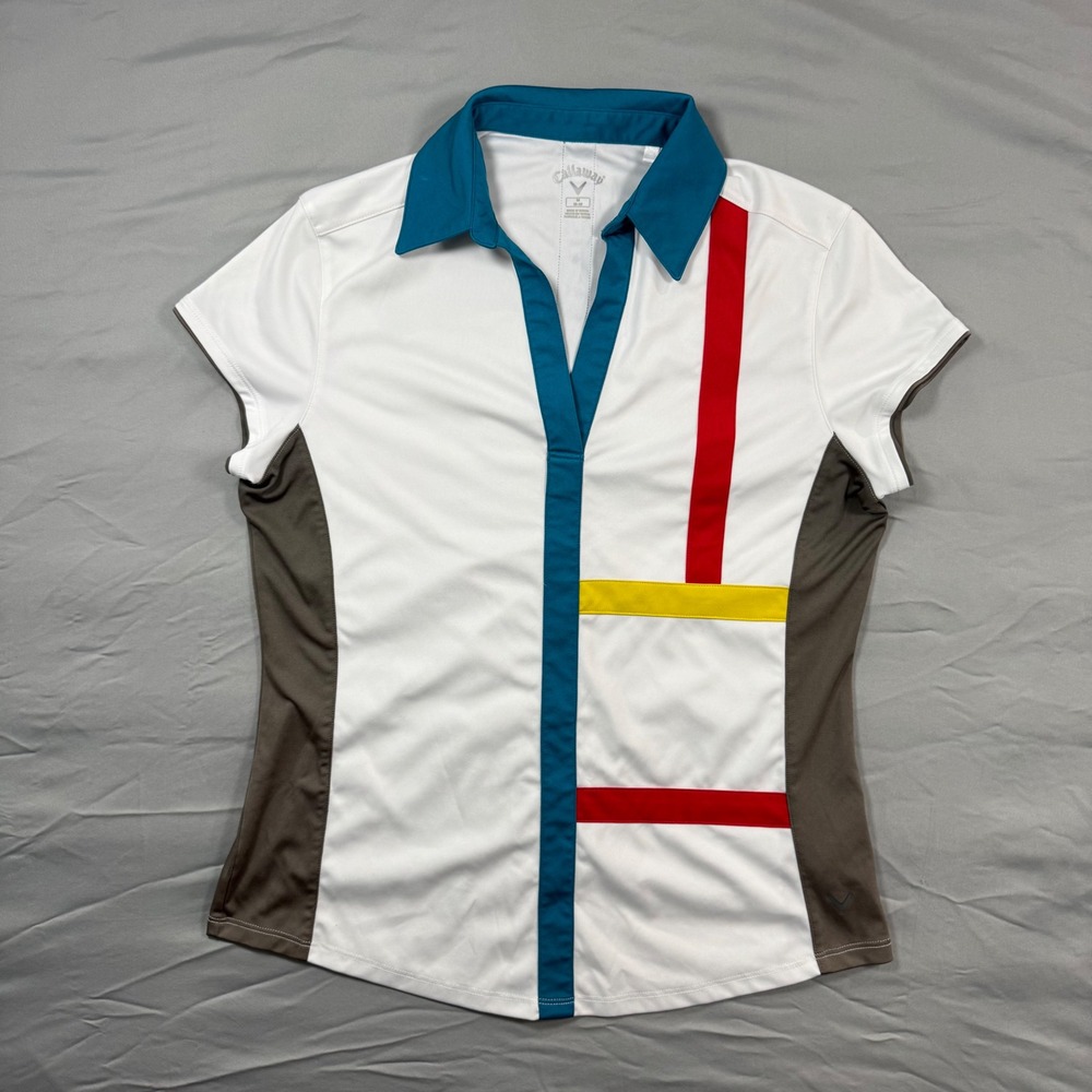 Callaway Golf Polo Shirt Colorblock Geometric V-Neck White Teal Women's M